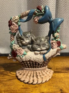 Cast Iron Doorstop Cats/Kittens in a Basket 7"Lx8"Hx2"W - Picture 1 of 4