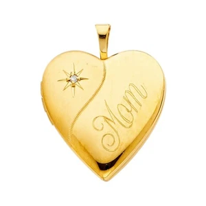 14K Yellow Gold Cubic Zirconia Mom Heart Locket - Picture 1 of 5