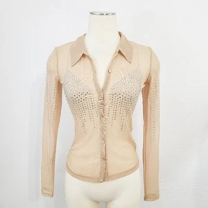 Zara sheer mesh button down shirt rhinestone studded nude size small NEW NWT - Picture 1 of 9