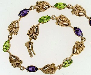 Genuine 9K 9ct SOLID Rose Gold Natural Peridot & Amethyst Roses Bracelet 18.5cm - Picture 1 of 4