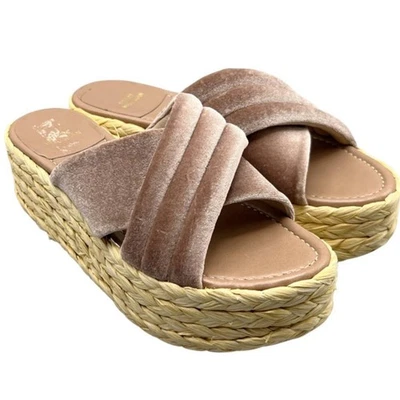 Stuart Weitzman Sz 9 Pufftoproffia Blush Pink Velvet Raffia Platform Sandals - Image 1 of 4