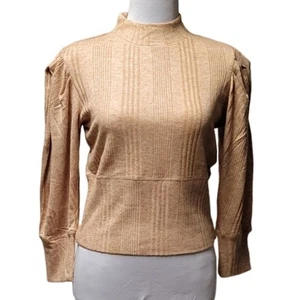 NWT Band of the Free Ribbed Mock Neck Top Puff Shoulder Camel Tan Fall - M - Picture 1 of 10