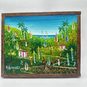 Colorful Haitian Painting Palm Trees People Signed M. Bertrand 11”x9”  **READ - Picture 1 of 19
