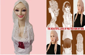 Pre-Tied TAilLS ONLY Head Scarf, Chapel. Head Cover Tichel Lace. White/Beige - Picture 1 of 8