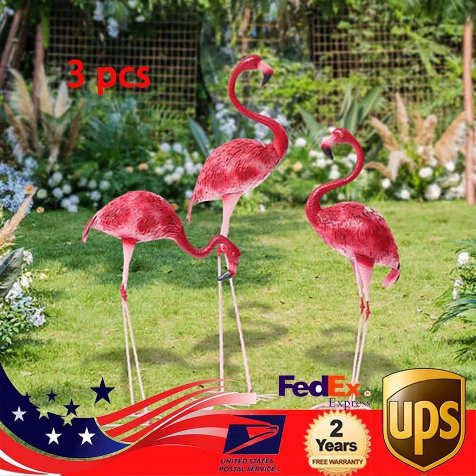 Paquete de 3 estatua de jardín de flamencos rosa escultura decoración patio arte estatuas de metal nuevo Foto 1 de 4