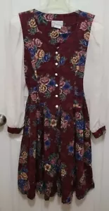 Vtg 90s DBY Womens Long Sleeve Dress Red Floral Cottage Core Prairie Faire 13/14 - Picture 1 of 10