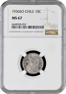 Chile 10 centavos 1936 So, NGC MS67, "Republic of Chile (1899-1959)" Top Pop 1/0 - Picture 1 of 2