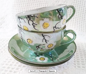 TT Double Diamond, Takito Moriage, 2 Teetassen- & Untertassen-Sets, grüne Blumen, JAPAN - Bild 1 von 8