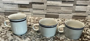 2 Newcor Stoneware Diner Restaurant Mugs Coffee Cups Vintage White Blue Stripes - Picture 1 of 8