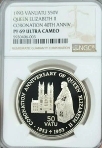 1993 VANUATU SILVER 50 VATU QUEEN ELIZABETH II CORONATION NGC PF 69 ULTRA CAMEO - Picture 1 of 4