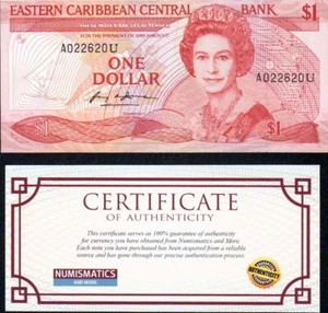 Banconota 1 dollaro centrale dei Caraibi orientali 1988-89 UNC non certificata COA KM-21 - Foto 1 di 2