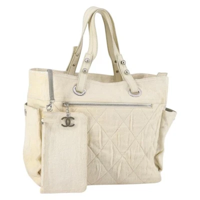 CHANEL Paris Biarritz GM Tote Bag Coated Canvas White Silver CC Auth 142940 - Image 1 of 4