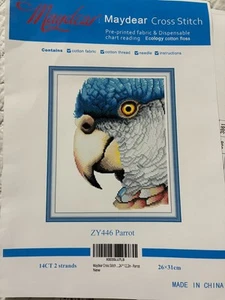 Portrait Blue Parrot Pre-Printed Aida Cross Stitch Kit Tropical Bird New - Picture 1 of 3