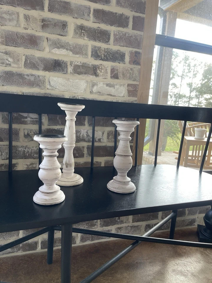 Wooden Curved Pillar Candle Holder Set of 3 Distressed White, 6"/8"/4"h - Image 1 of 1