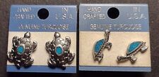 Vintage Silver Tone Turtle & Tortoise Blue Turquoise Inlay Pewter Earrings 