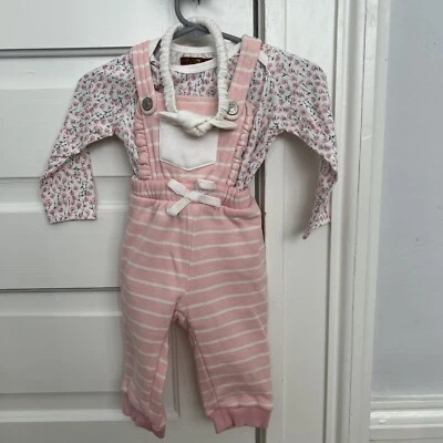 Seven For All Mankind 婴儿 6-9 个月粉色花朵条纹连体裤带头带套装 — 第 1/4 张图片