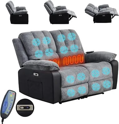 Electric Sofa 2 Seat Recliner Armchair Massage Heat Home Lounge Living Room Grey