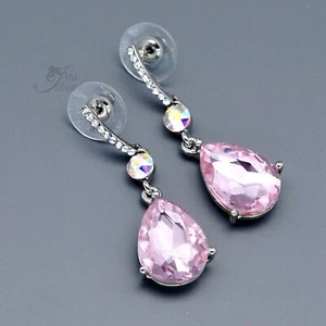 Pendientes colgantes de lágrimas de cristal rosa AB plata 59 - Imagen 1 de 5