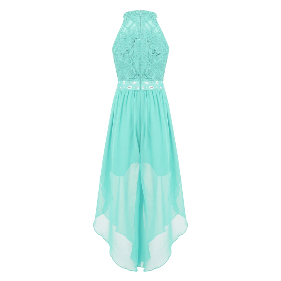 Kids Girls Dress Halter Neck High Low Hem Romper Gown Floral Lace Jumpsuits - Image 1 of 1