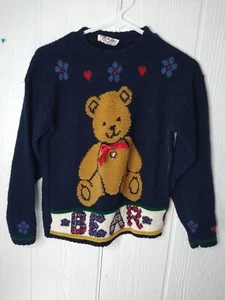 Vintage Heart Works Teddy Bear Sweater Girls M 10/12 Blue Floral Made In USA - Picture 1 of 8