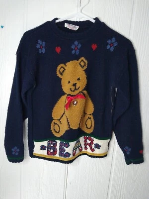 Suéter Vintage Heart Works Oso de Peluche Niñas M 10/12 Azul Floral Hecho en EE. UU. Foto 1 de 4