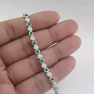 7" In Long Tennis Bracelet 6Ct Round Cut 14K White Gold Plated Simulated Emerald - Picture 1 of 6