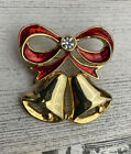 Christmas Hoilday Bells and Bow Gold Pin Brooch 1.25&quot;