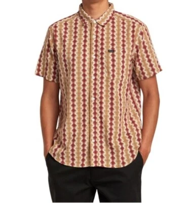 RVCA SHIMA GAUZE 男式编织 Geo 条纹纽扣 S/S 衬衫 AVYWT0043 尺寸 S $66 — 第 1/4 张图片