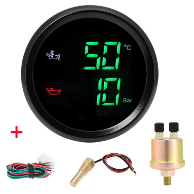 52mm 2IN1 Gauge Digital Oil Temperature+Oil Pressure Gauge Green LED with Sensor - Image 1 of 4