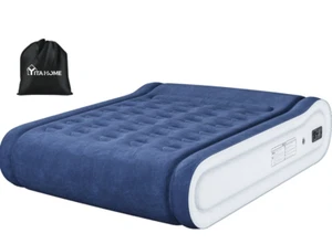 Inflatable Mattress Blow Up Integrated Pillow Queen Size 17 Inch Blue Camping RV - Picture 1 of 22