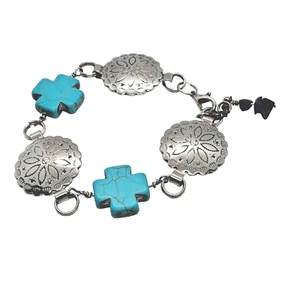 Handmade Concho, Dyed Howlite Faux Turquoise Bracelet Cross Lobster Claw Clasp - Picture 1 of 2