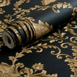 10m Black Gold Wallpaper Embossed Texture Metallic 3D Damask PVC Wall Paper - Picture 1 of 7