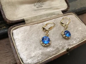 Vintage Sapphire Blue Crystal ,Seed Pearl Drop Hook Pierced Earrings Gold Plated - Picture 1 of 7