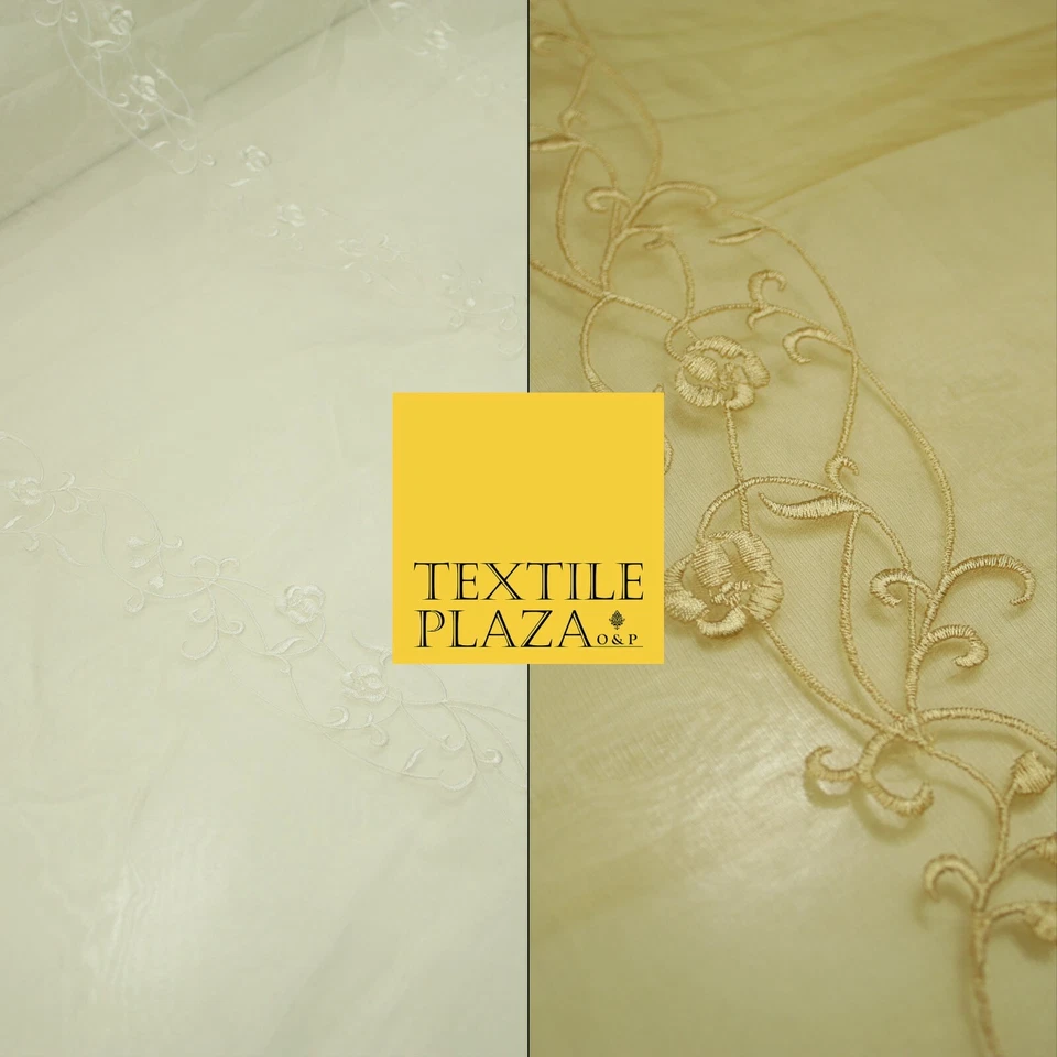 Luxury Ivory Gold Self Floral Stripe Embroidered 100% PURE SILK ORGANZA Fabric - Image 1 of 1