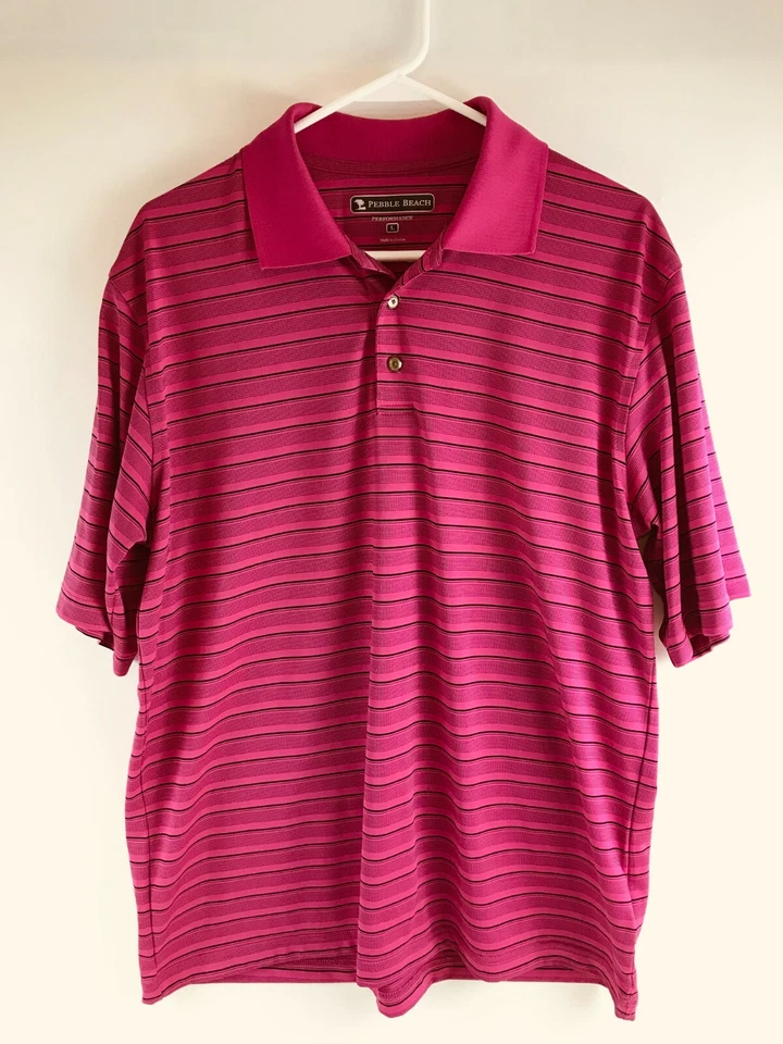 Pebble Beach Performance Polo Shirt Men's Size Large Pink Striped 1/4 Button Up - Image 1 of 4