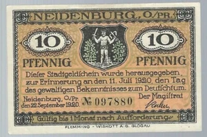 Notgeld - Stadt Neidenburg / OPr.(heute Nidzica in Polen) - 10 Pf. - 1920 - rar - Picture 1 of 2