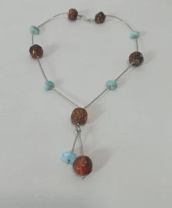 Vintage Sterling Silver Amber & Larimar Bead Dangle Choker Necklace 16" Artisan - Picture 1 of 11