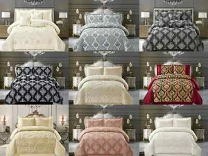 Luxury 3 Piece Quilted Jacquard Comforter Bedspread Throw Modren Set Curtains - Picture 1 of 35