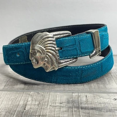 Vintage Native American Indian Head Silver Buckle Teal Calfskin Leather Belt S - Изображение 1 из 4