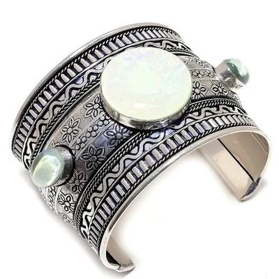 Tripletta Opale di Fuoco, Topazio Bianco 925 Argento Sterling Polsino Bracciale - Immagine 1 di 4