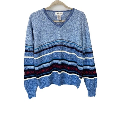Vintage 90s Y2K Cabin Creek Knit Sweater V-Neck Blue Striped USA EUC | Women’s M - Image 1 of 4