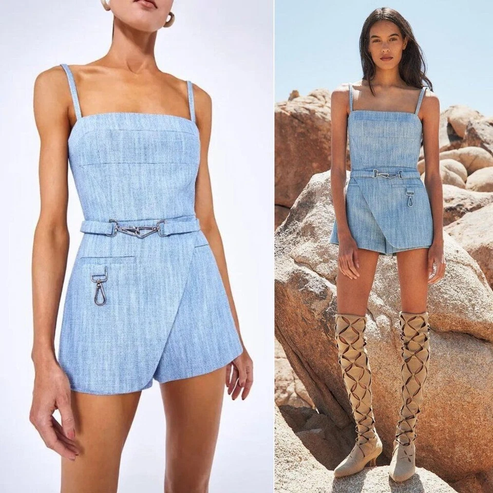 Alexis Camillo Sky Blue Square Neck Cotton Linen Romper Size M - Image 1 of 4