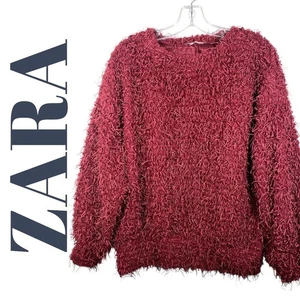 ZARA SHAGGY FRINGE MAROON RED PULLOVER SWEATER COZY HOLIDAY PARTY, SIZE SMALL - Picture 1 of 6