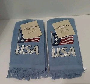 (2) Vintage SONOMA Fingertip Towels Fringe Embroidered USA & Flag With Tags - Picture 1 of 5