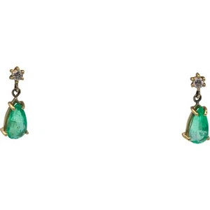 14k Yellow Gold 3.20CT Diamond and Emerald Drop Dangle Earrings - Picture 1 of 4