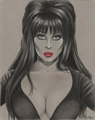 Elvira 8x10 Original Graphite Pencil Drawing NO RESERVE Red Lips Horror Movies - Image 1 of 4