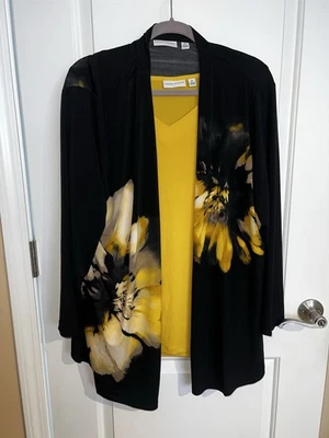 Camiseta sin mangas + cárdigan floral negra y amarilla Susan Graver nueva con etiquetas para mujer talla grande 2X Foto 1 de 4