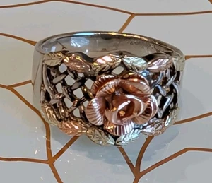 12k Black Hills Gold 3D Rose Tri Color Basket Weave Ring CCO Vintage - Picture 1 of 9