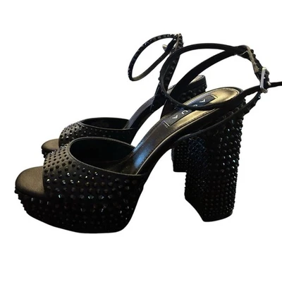 Aqua Platform Chunky Heel Black Rhinestone Ankle Strap Heels NEW 6.5 - Image 1 of 4