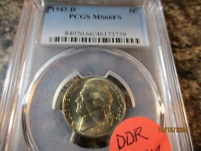 1943-D JEFFERSON NICKEL PCGS MS66FS DDR UNUM VARIETY NOT DESIGNATED ON SLAB 3759 - Image 1 of 2